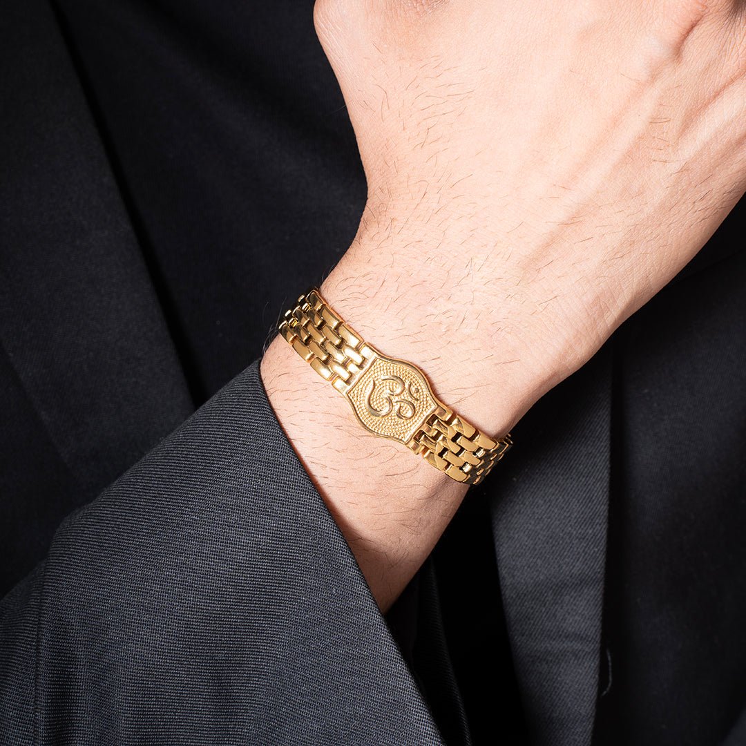 Premium Golden Om Bracelet – Spiritual Style in Gold Finish